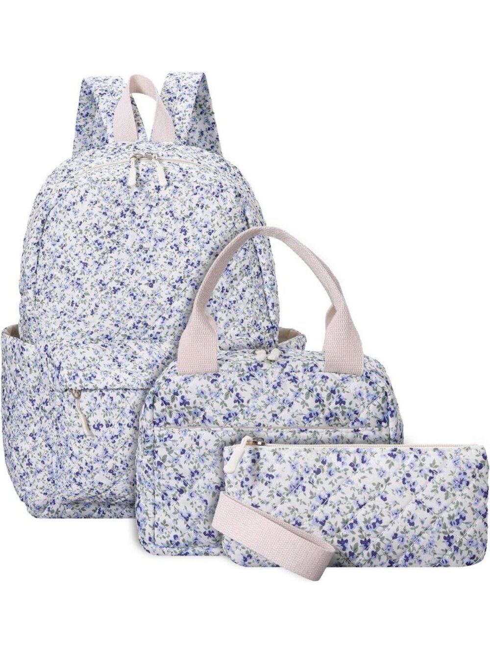 Floral Dark Blue Quilted Backpack Set - 3 Stylish Bags for School & Travel